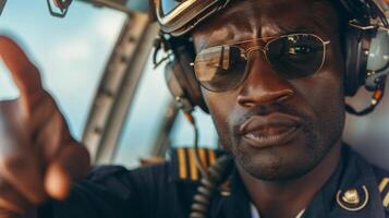 A focused airline pilot wears headsets and aviator sunglasses inside the cockpit, appearing to communicate and navigate during daylight hours. photo