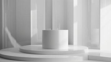 A cylindrical white pedestal stands in the center of a minimalist room with vertical panels, bathed in natural morning light. photo