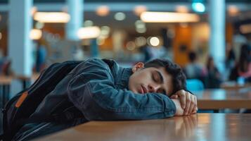 A man is seen sleeping on a table in a crowded cafeteria, surrounded by chairs and food items. photo