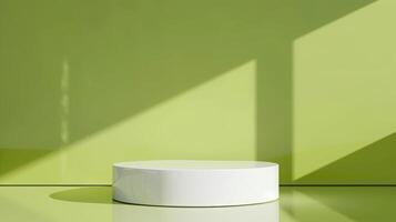 A round, white pedestal is set against a lime green backdrop. Sunlight casts diagonal shadows on the walls, creating a minimalist and modern aesthetic. photo