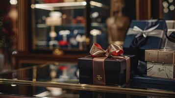 Various gift boxes are neatly arranged in a glass display case, showcasing a variety of designs and sizes. photo