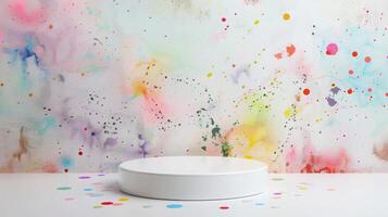 A vibrant, multi-colored abstract background with various splashes and dots, featuring a white circular display stand and scattered round confetti in daylight. photo
