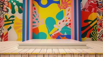 A vividly painted stage featuring abstract patterns and colorful stripes on a wooden platform inside a well-lit studio during the day. photo