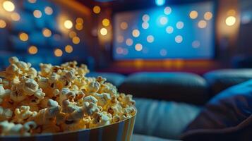 A bowl of freshly popped popcorn sits on a table in a cozy home theater setup, with a screen and ambient lighting in the background. photo