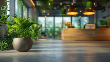A contemporary office lobby is adorned with lush plants and ample natural light, creating a welcoming ambiance. The space features a polished floor and a modern wooden reception desk. photo