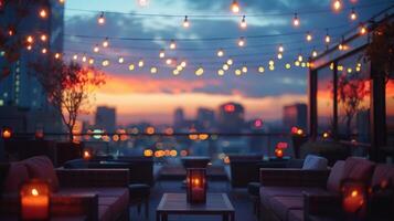 A beautiful evening scene featuring a rooftop lounge with cozy seating, string lights, and a stunning cityscape view at dusk. photo