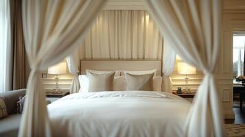 A beautifully decorated hotel bedroom features a canopy bed with curtains, double pillows, and soft ambient lighting, creating an inviting and cozy atmosphere during the afternoon. photo