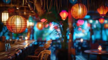 A warm and inviting Tiki bar illuminated by colorful lanterns creates a cozy ambiance with wooden decor and candlelight. photo