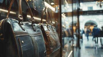 A row of leather bags neatly arranged in a store window, showcasing different styles and colors for potential customers. photo