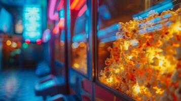 Freshly popped popcorn glows under neon lights at a vibrant cinema concession stand during the night. photo
