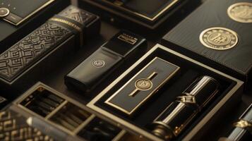 A collection of various black and gold items displayed on a table, showcasing a mix of colors and textures. photo