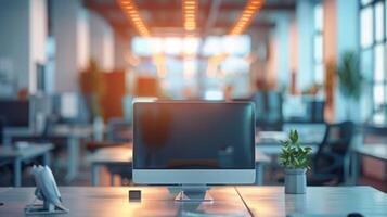 A tidy desk with a computer monitor and small plant in a spacious, modern office with warm sunset lighting. photo
