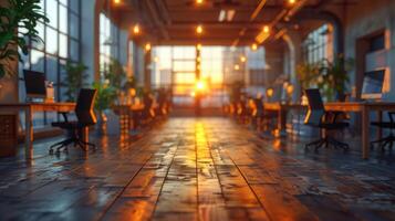 A spacious, modern office with large windows, empty desks, and chairs illuminated by warm sunset light. photo