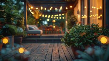 un acogedor al aire libre patio decorado con cuerda luces y rodeado por lozano plantas a oscuridad, creando un calentar y atractivo atmósfera. foto