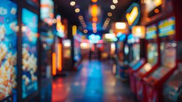 Bright, colorful lights fill an arcade gallery, creating a vibrant atmosphere among game machines during the night. photo