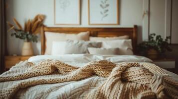 A sunlit bedroom featuring a comfortable bed adorned with a knitted blanket, surrounded by rustic decor and framed botanical prints. photo