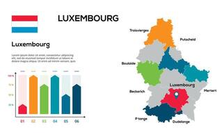 Luxembourg map. image of a global map in the form of regions of regions. Country flag. Infographic timeline. Easy to edit vector