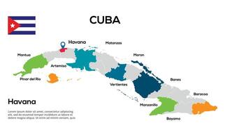 Cuba map. image of a global map in the form of regions of regions. Country flag. Infographic timeline. Easy to edit vector