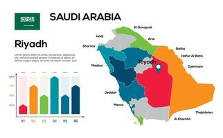 Saudi Arabia map. image of a global map in the form of regions of regions. Country flag. Infographic timeline. Easy to edit vector