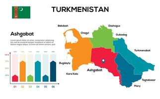 Turkmenistan map. image of a global map in the form of regions of regions. Country flag. Infographic timeline. Easy to edit vector