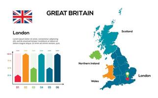 Ggeat Britain map. image of a global map in the form of regions of regions. Country flag. Infographic timeline. Easy to edit vector