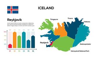Iceland map. image of a global map in the form of regions of regions. Country flag. Infographic timeline. Easy to edit vector