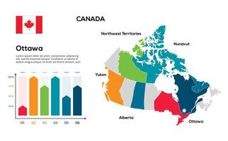 Canada map. image of a global map in the form of regions of regions. Country flag. Infographic timeline. Easy to edit vector