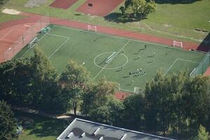 Vilnius, Lithuania - September 4th 2023 - Aerial view on soccer field from TV tower photo