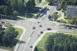 Vilnius, Lithuania - September 4th 2023 - Aerial view from TV tower on road intersection photo