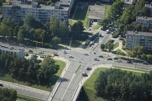 Vilnius, Lithuania - September 4th 2023 - Aerial view from TV tower on road intersection photo
