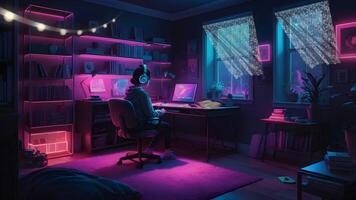 Cozy room at night with bookshelves and computers. Serene purple and blue hues create a focused ambiance video