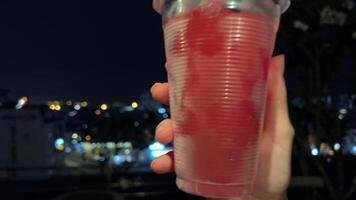 Watermelon juice prepares a watermelon smoothie from fresh watermelon pulp using an immersion blender. video