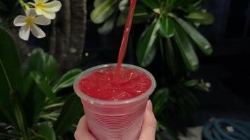 Watermelon juice prepares a watermelon smoothie from fresh watermelon pulp using an immersion blender. video