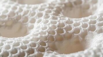An up close shot of thick white foam padding covered in small circular perforations resembling a honeycomb photo