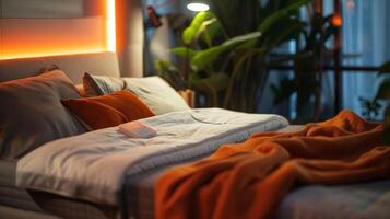 A bedroom with a bed sensor that monitors sleeping patterns and sends data to a smartphone app photo