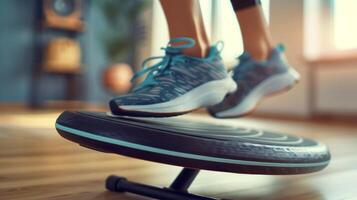 Image of a person using a balance board while listening to upbeat music showing how music can enhance the experience of exercise photo