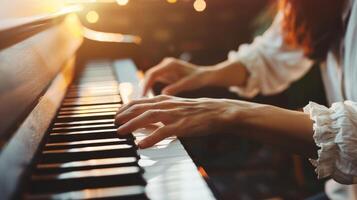 Closeup of a person playing the piano with intense concentration demonstrating the cognitive benefits of music on the brain photo