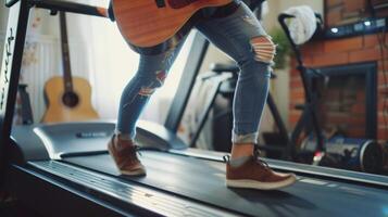 Closeup of a person playing a guitar while walking on a treadmill showcasing the positive effects of musical exercise on the brain photo