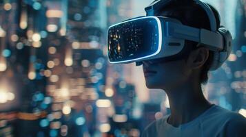 An individual using VR to visit a futuristic city stimulating their brain with new and innovative technology photo