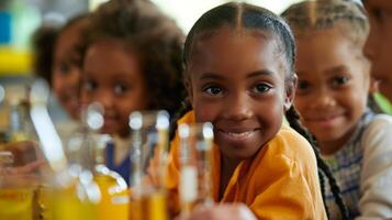 A group of children participating in a science experiment stimulating curiosity and critical thinking photo