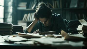 A person sitting at a table with a pile of papers and notes in front of them trying to piece together lost memories photo