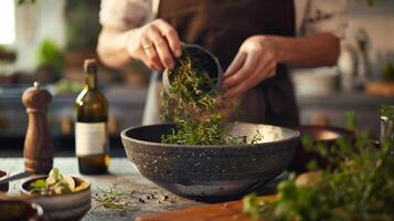 A person in a kitchen adding herbs and es to a dish emphasizing the beneficial effects of these ingredients on brain health photo