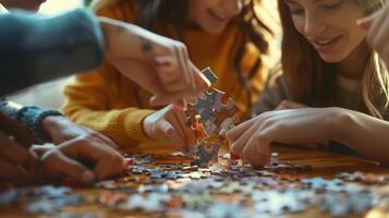 A group of friends doing a puzzle together using teamwork and visualspatial skills photo
