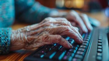 A hand trembles as an elderly person clicks on the wrong icon overwhelmed by the amount of information on their computer screen photo