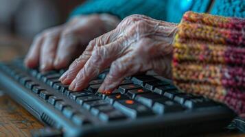 An elderly persons hand hovers over the keyboard uncertain of which keys to press as they struggle to learn how to use a computer photo
