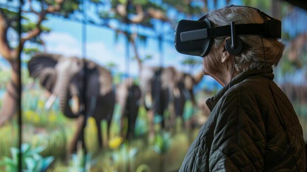 A side view of an elderly person using a virtual reality headset while standing in front of a digital display of a wildlife safari photo