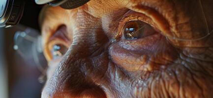 A closeup of an elderly persons face as they take a virtual tour of a historical battlefield and learn about its significance photo