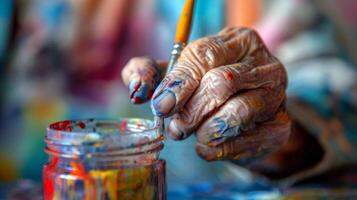 A closeup of a wrinkled hand dipping a paintbrush into a jar of paint showcasing the beauty of age and experience in the art of painting photo