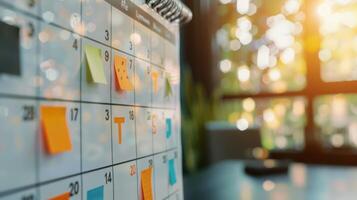 A closeup of a personalized calendar showcasing the use of different colors and symbols to represent specific events and appointments photo