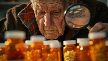 An elderly man using a lighted magnifier to read the fine print on a medication bottle photo